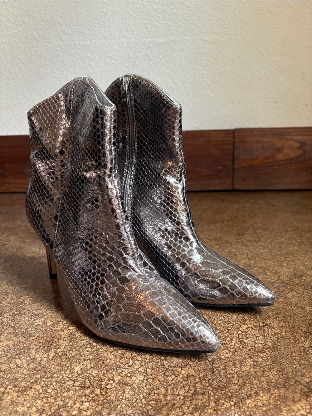 Marc Fisher Silver Snake-Embossed Pointed Toe Ankle Boots
